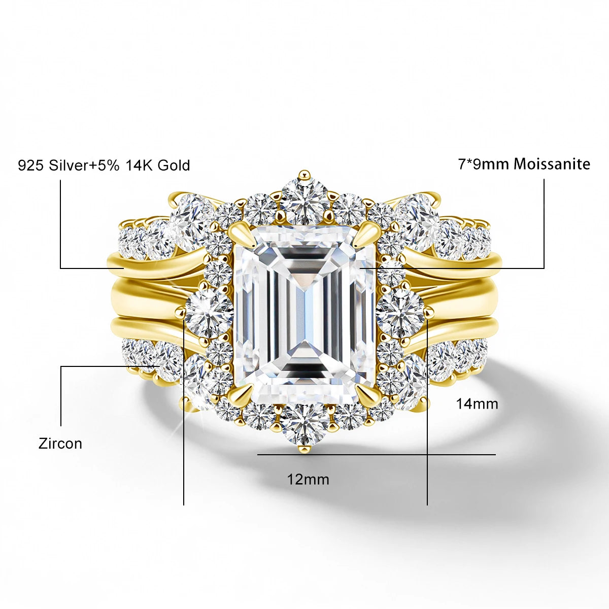 Solid 14K Gold Filled 3CT Emerald Cut Moissanite Stackable Ring Set Au585 Luxury Engagement Ring for Women Bridal Gift Jewelry