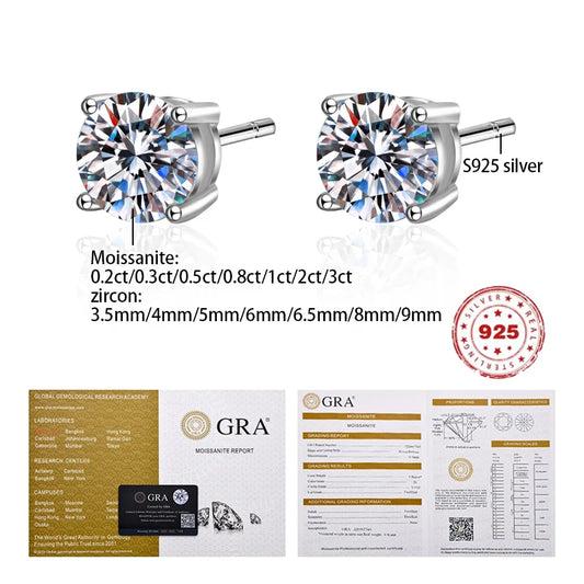 3Carat 8.0mm D Color Moissanite Stud Earrings For Women Top Quality 100% 925 Sterling Silver Sparkling Wedding Jewelry