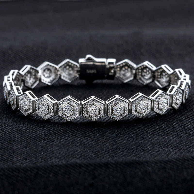 MossanRappr Moissanite Hexagon Bracelet 925 Sterling Silver Iced out Bracelet for Men Women Party Jewelry Fashion Accessory