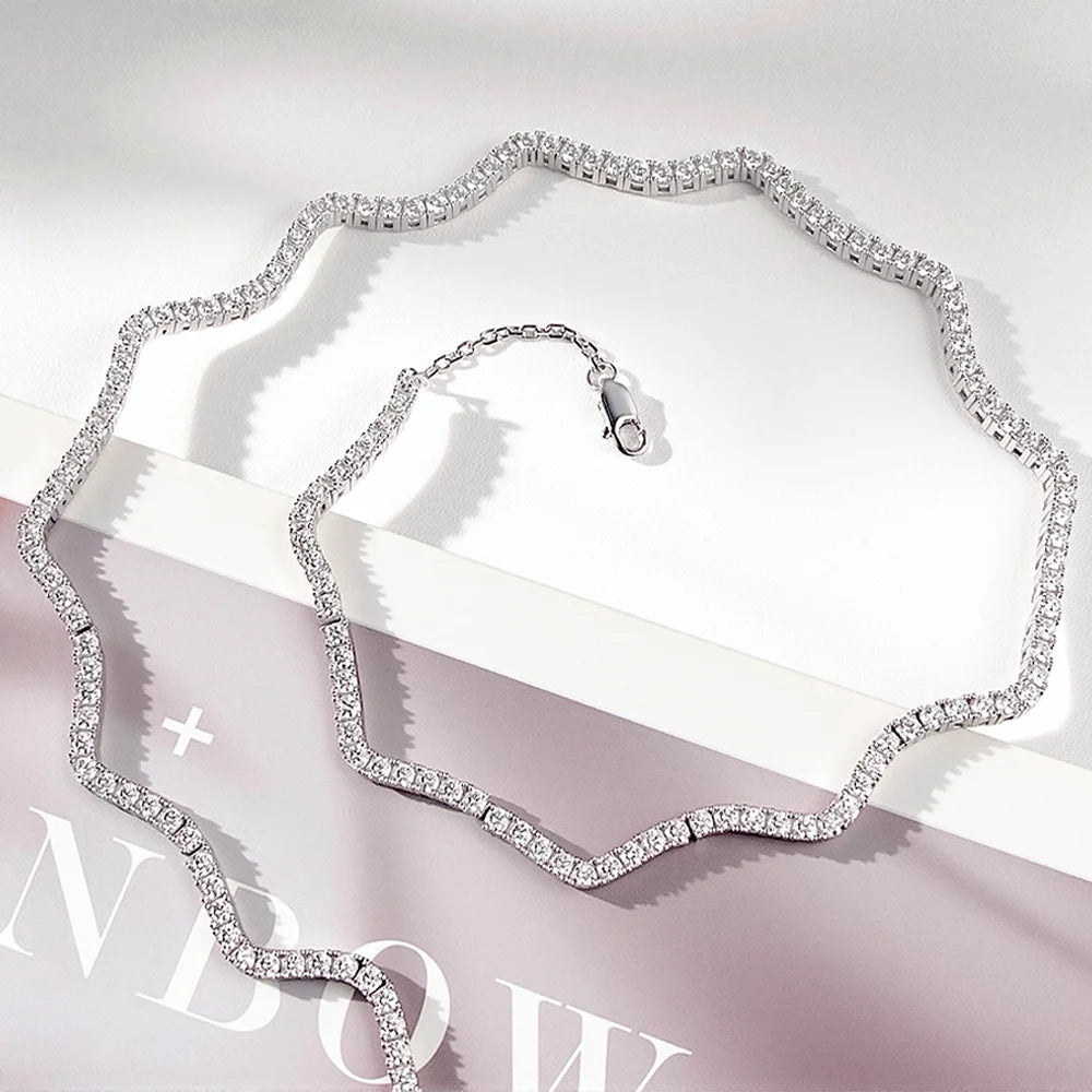 COSYA 2mm Luxury Moissanite Tennis Necklace For Women S925 Silver Sparkling Wave Riviera Choker Adjustable Chain Wedding Jewelry
