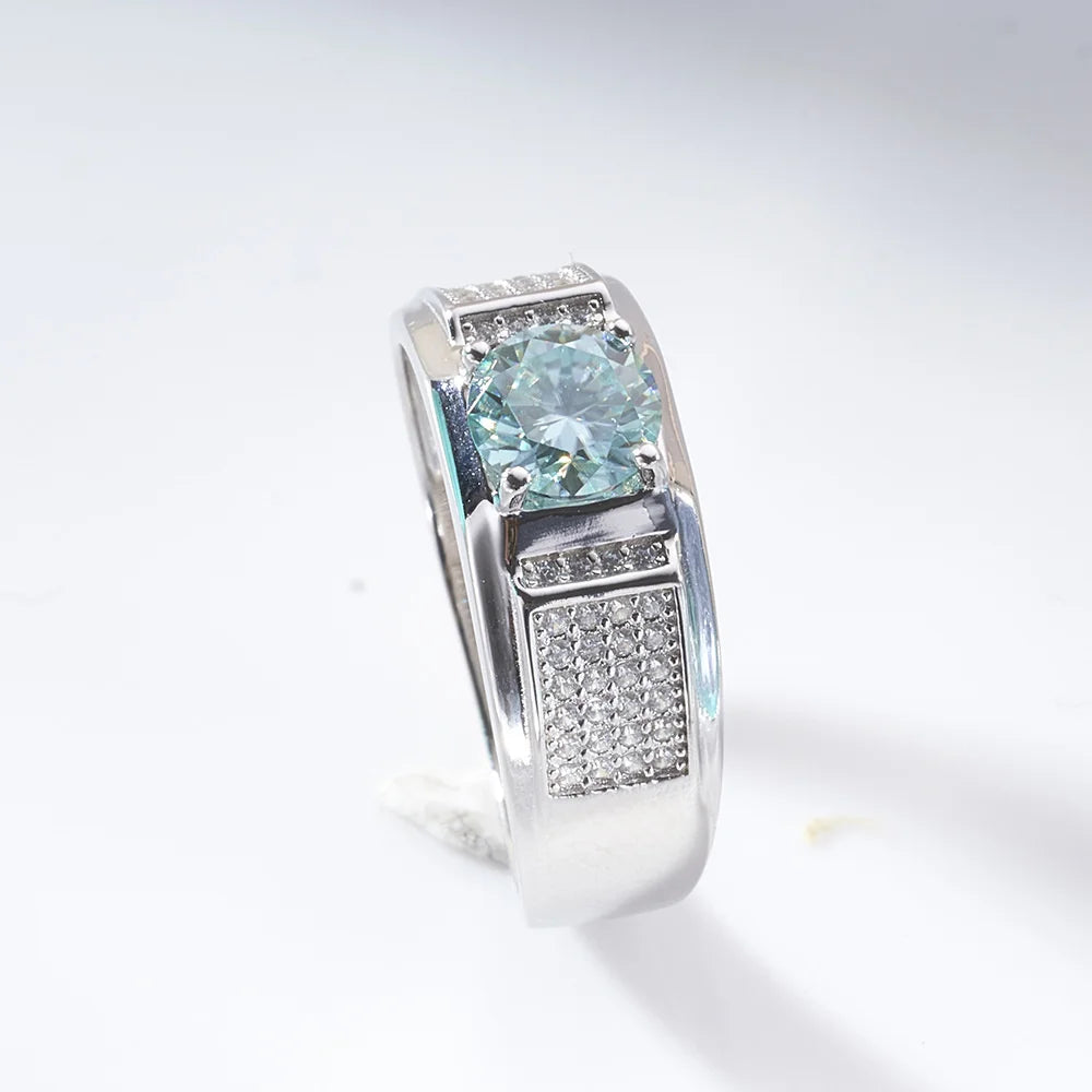 Moissanite Rings For Men Round Cut Blue Green Color Moissanite Ring Luxury 2023 Male Moissanite Ring Dating Party Gift