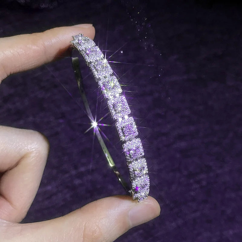 S925 Silver White Gold Plated 2.2CT D Color Moissanite Full Row Square Continuous Bangle for Women, Exquisite Jewelry.