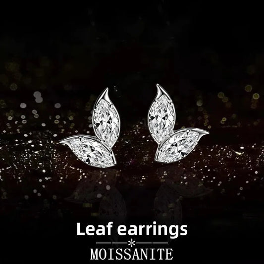 1.5CT D-Color Leaf-Shaped Moissanite Stud Earrings, Platinum Plated S925 Sterling Silver, Exquisite Fine Jewelry for Women