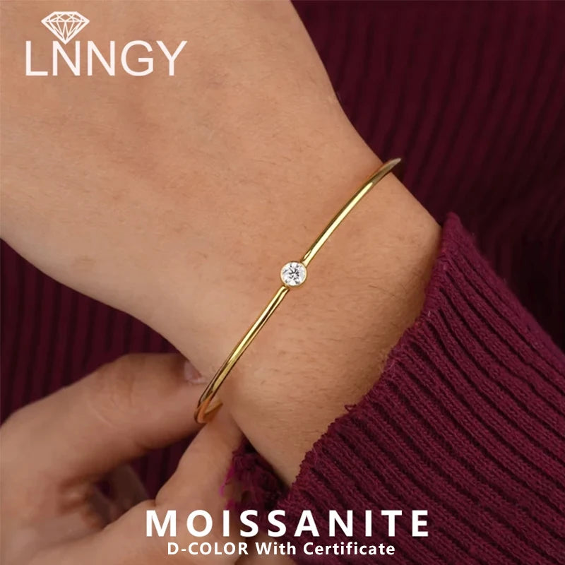 Lnngy Original and Pure 925 Sterling Silver Cuff Bangle Bezel 5mm Moissanite Bracelet For Women Simple Hand Chain Luxury Jewelry