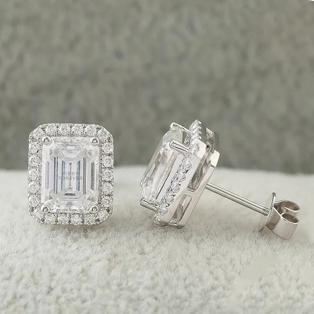0.5–2 CT Emerald Cut Halo Moissanite Stud Earrings