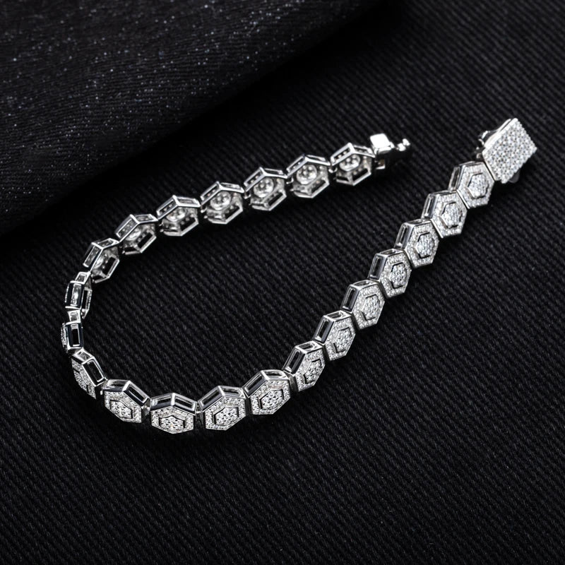 MossanRappr Moissanite Hexagon Bracelet 925 Sterling Silver Iced out Bracelet for Men Women Party Jewelry Fashion Accessory