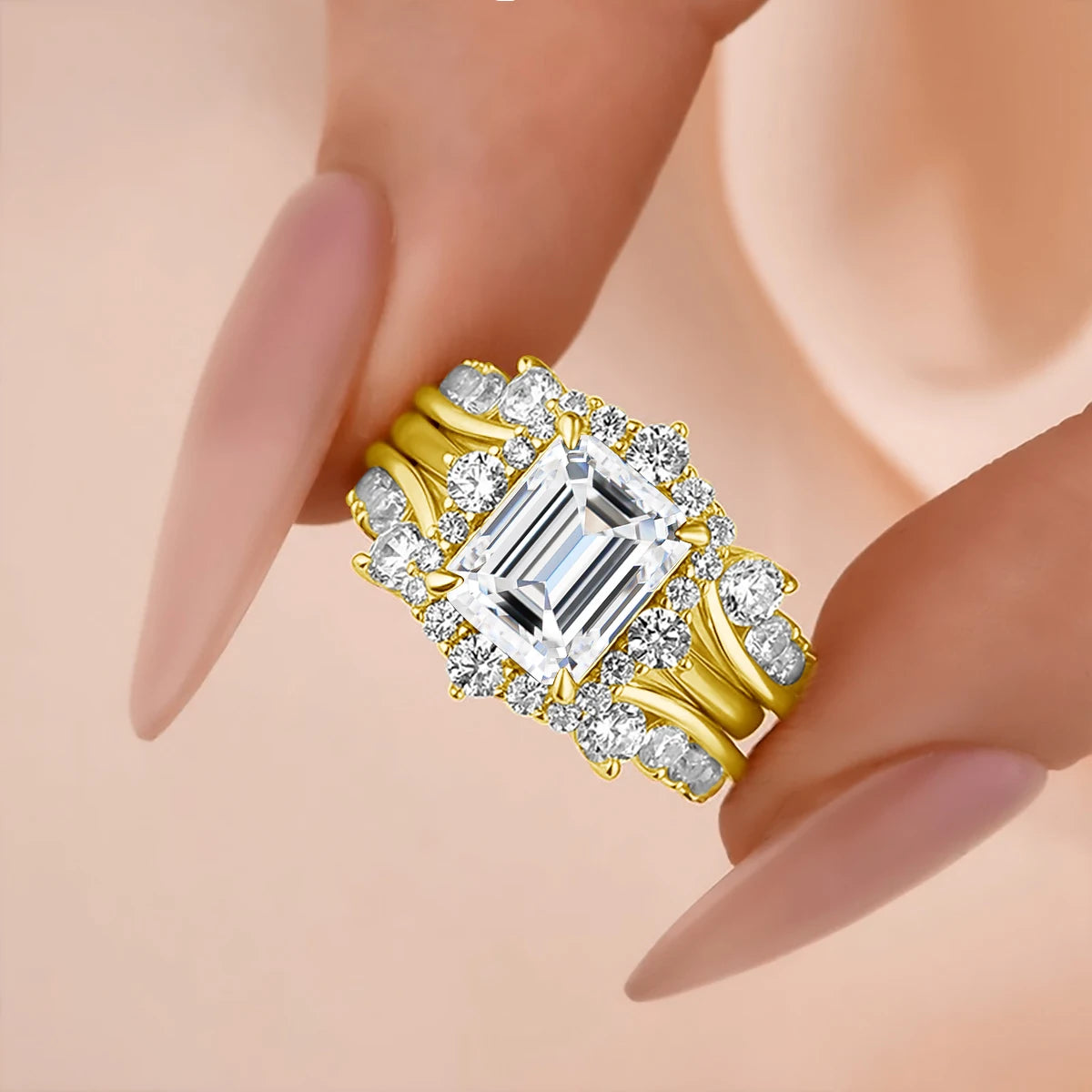 Solid 14K Gold Filled 3CT Emerald Cut Moissanite Stackable Ring Set Au585 Luxury Engagement Ring for Women Bridal Gift Jewelry
