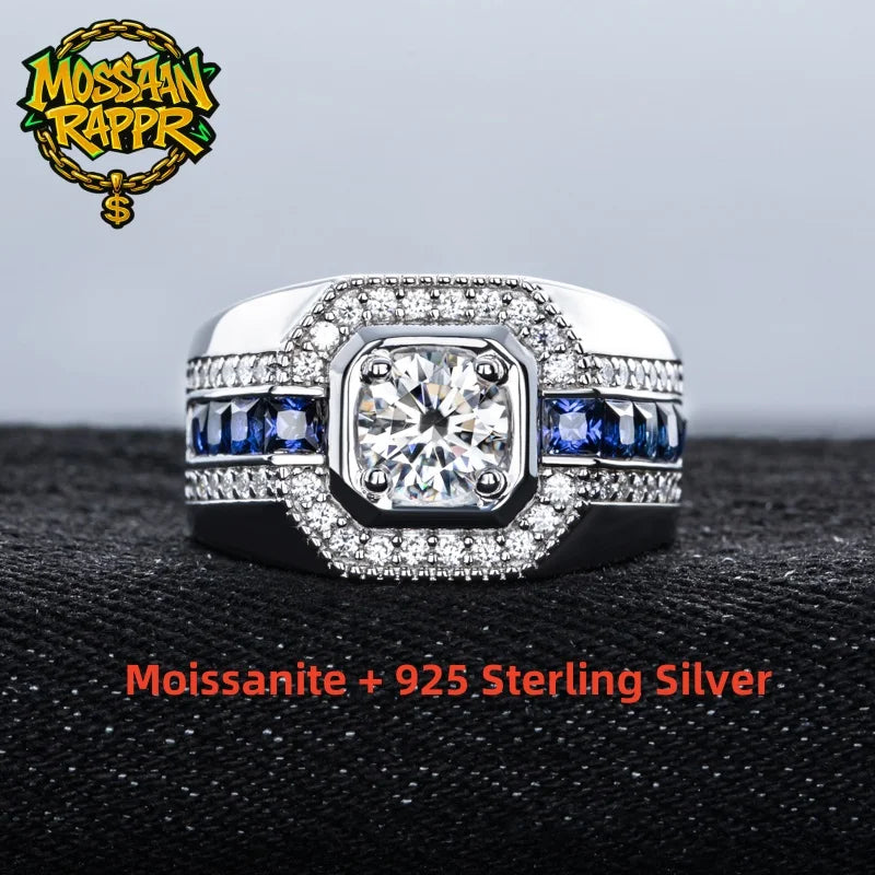 MossanRappr 1ct VVS1 Moissanite Men's Diamond Ring 925 Sterling Silver D Color Hip Hop Rings Iced Out Fashion Jewelry for Men