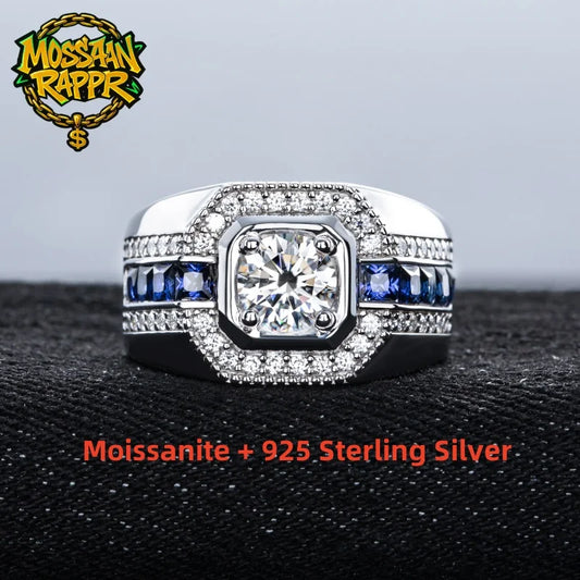 MossanRappr 1ct VVS1 Moissanite Men's Diamond Ring 925 Sterling Silver D Color Hip Hop Rings Iced Out Fashion Jewelry for Men