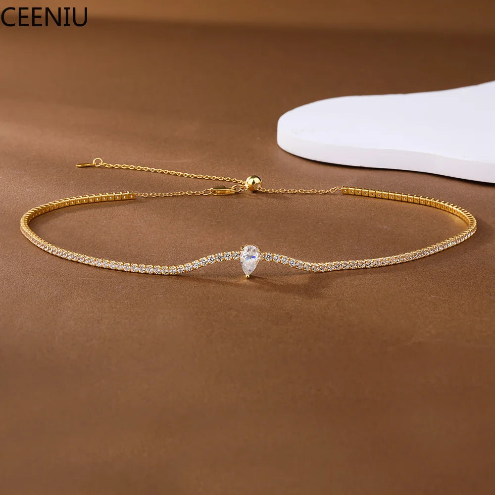 Certified Full Moissanite Riviera Tennis Necklace with Waterdrop Diamond Pendant for Women 925 Sterling Silver Adjustable Choker
