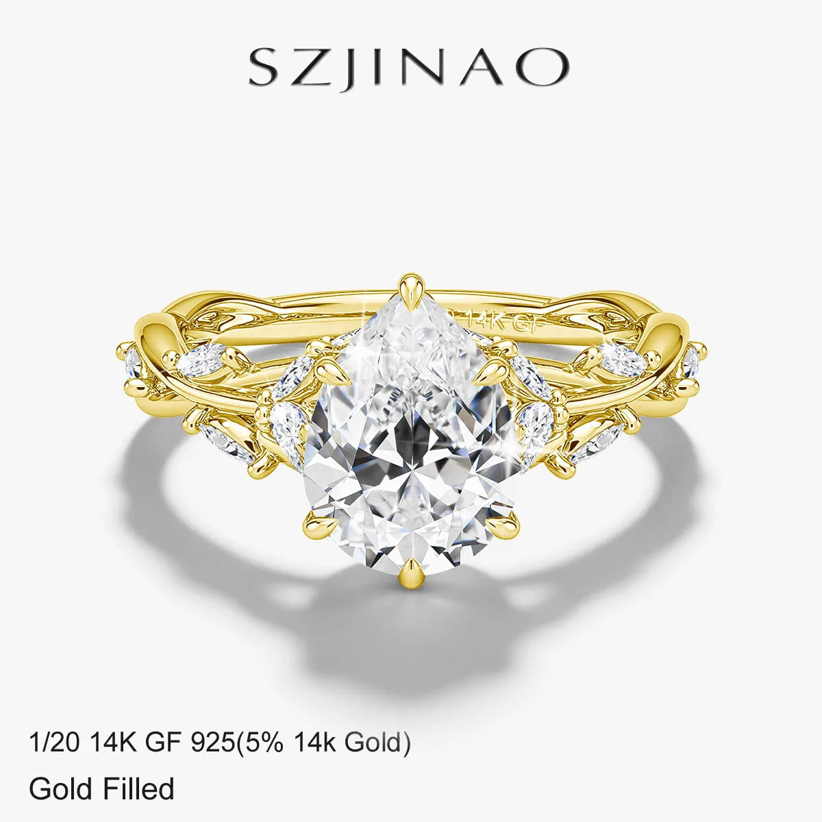 Premium 14K Gold Filled 2CT Pear Cut Moissanite Ring Bridal Wedding Sparkle Diamond Ring for Women Fine Jewelry 1/20 14k GF 925