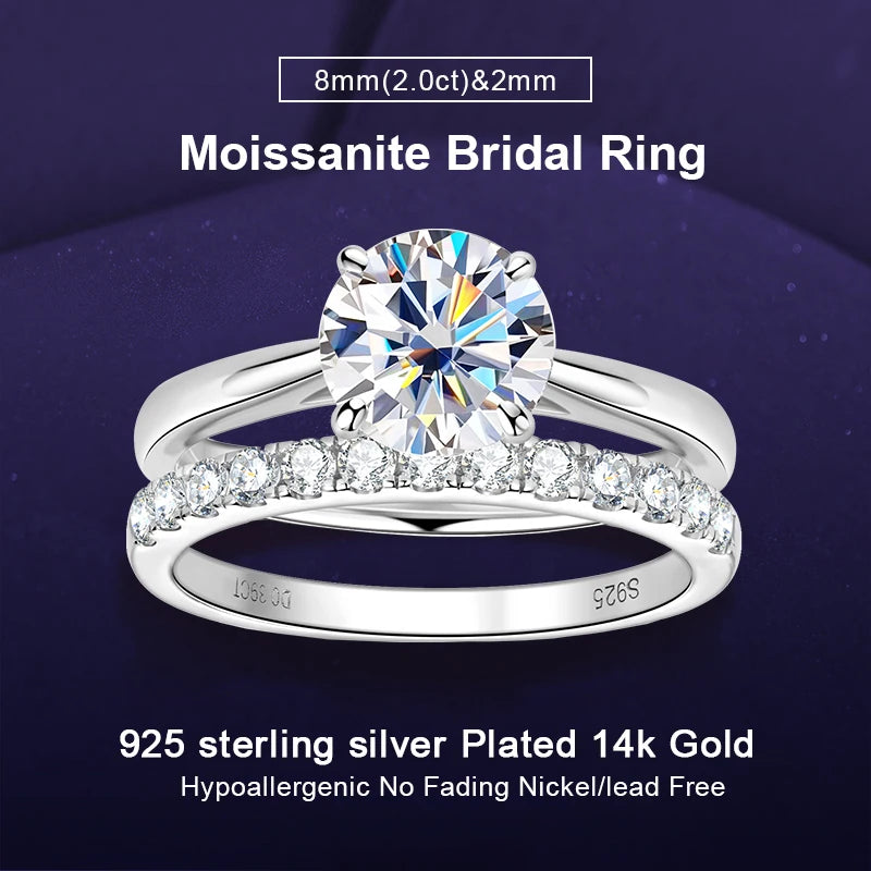 8mm 2.0CT D Moissanite Bridal Set Solitaire Ring 925 Silver Stackable Band for Women Engagement Wedding Finger Jewelry Sets S925
