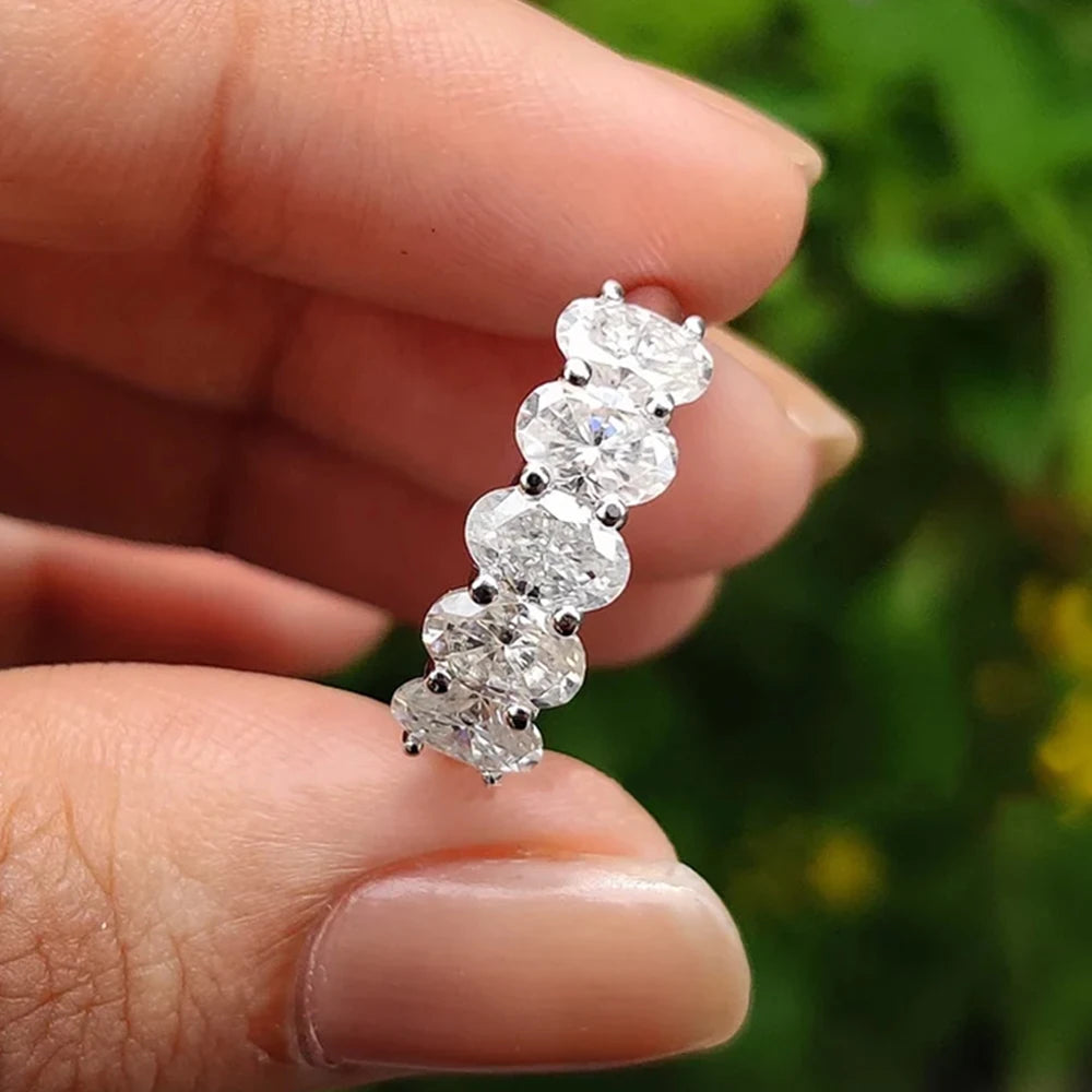 2.5CTTW 5 Stone Moissanite Ring For Women GRA 4*6mm Oval Cut Lab Diamond 925 Silver Half Eternity Stackable Wedding Band Jewelry
