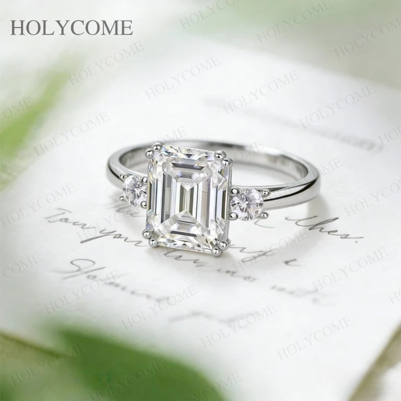 925 Sterling Silver Moissanite Ring GRA Certified Emerald Cut D Color VVS1 Classic Design Hypoallergenic Perfect for Daily Wear