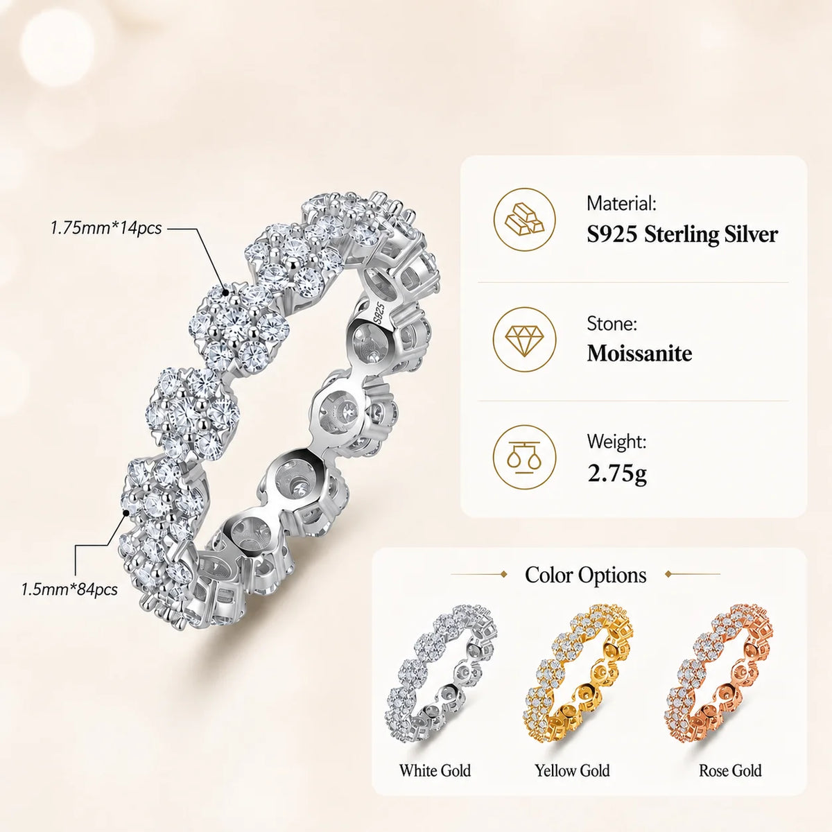 Flower Cluster Moissanite Eternity Band Ring Pave Stackable S925 Silver D Color VVS1 GRA Certified Gift for Women