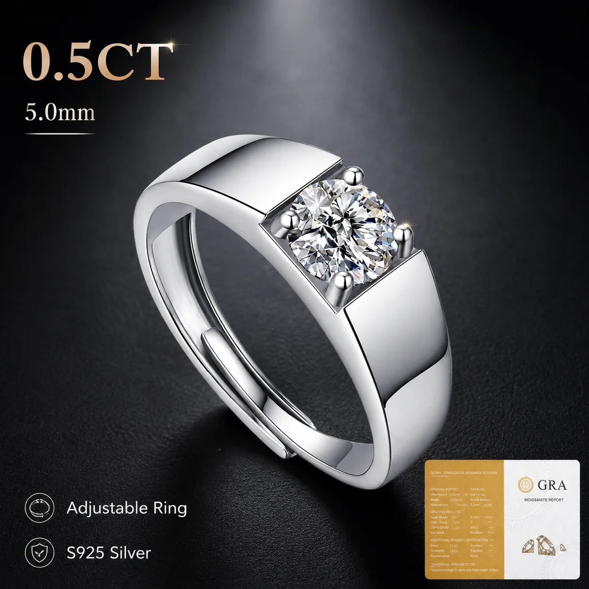 LongZhe Moissanite Ring for Men Rings for Men 925 Sterling Silver Adjustable Open Ring 1CT 6.5mm Fine Jewelry Gift