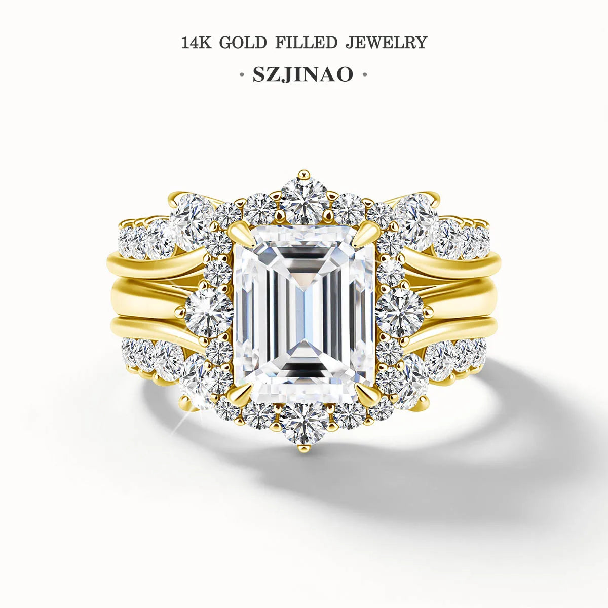 Solid 14K Gold Filled 3CT Emerald Cut Moissanite Stackable Ring Set Au585 Luxury Engagement Ring for Women Bridal Gift Jewelry