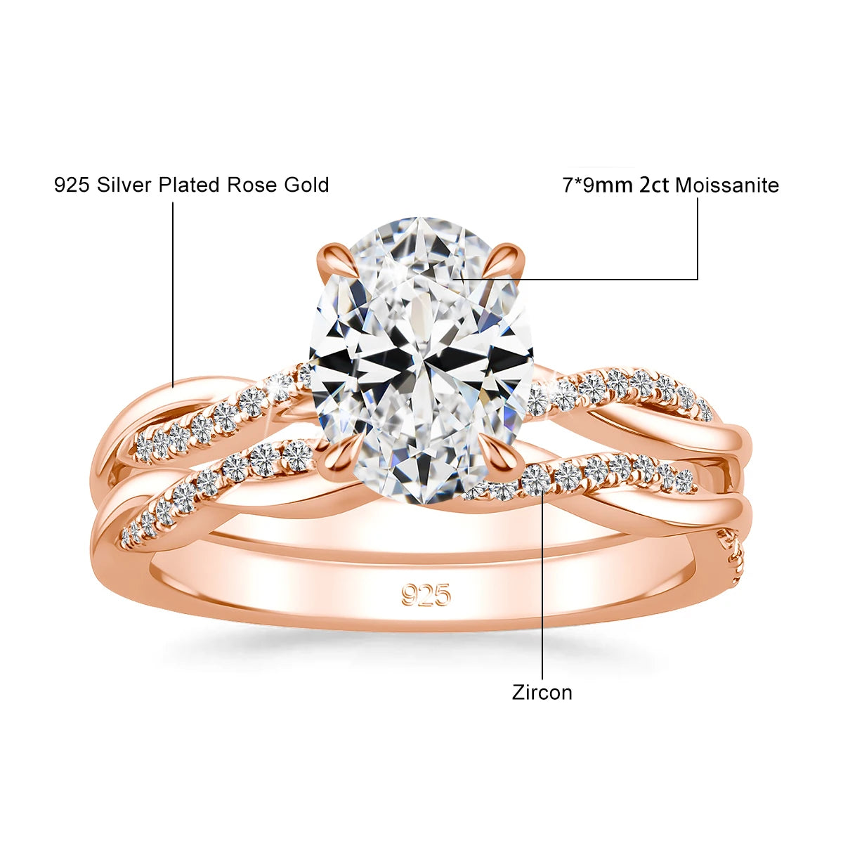Oval Cut Moissanite Bridal Ring Set 2CT 925 Silver Brilliant Twisted Band Wedding Set Elegant Gift for Women Anniversary Jewelry