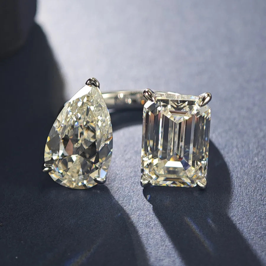 6+6 Carat Two Stone Moissanite Ring for Women. 925 sterling silver, pear and square cut, adjustable opening to 12 carats