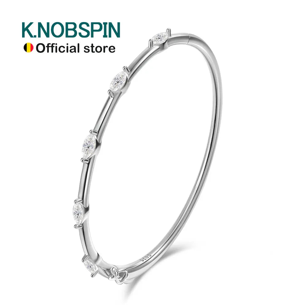 KNOBSPIN Moissanite Bangle 5-stone 3x6mm Marquise Cut 925 Sterling Silver Plated 18k White Gold GRA Certified Bracelet for Women