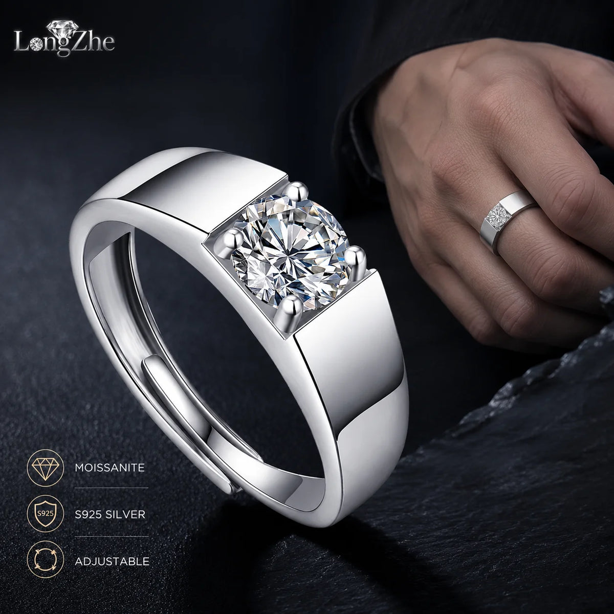 LongZhe Moissanite Ring for Men Rings for Men 925 Sterling Silver Adjustable Open Ring 1CT 6.5mm Fine Jewelry Gift