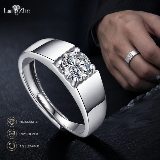 LongZhe Moissanite Ring for Men Rings for Men 925 Sterling Silver Adjustable Open Ring 1CT 6.5mm Fine Jewelry Gift