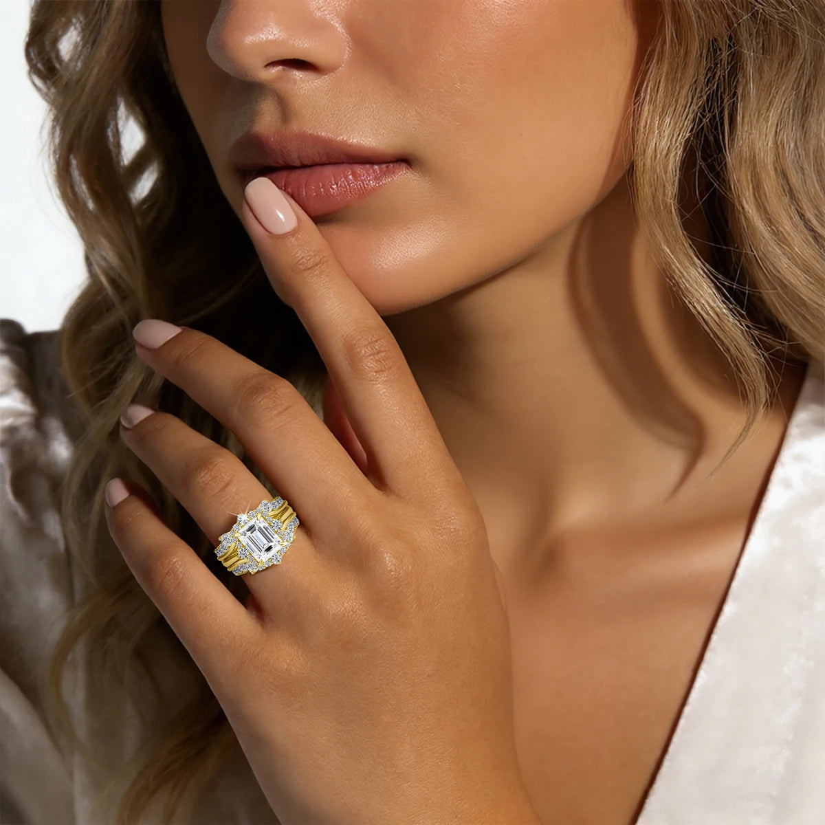 Solid 14K Gold Filled 3CT Emerald Cut Moissanite Stackable Ring Set Au585 Luxury Engagement Ring for Women Bridal Gift Jewelry