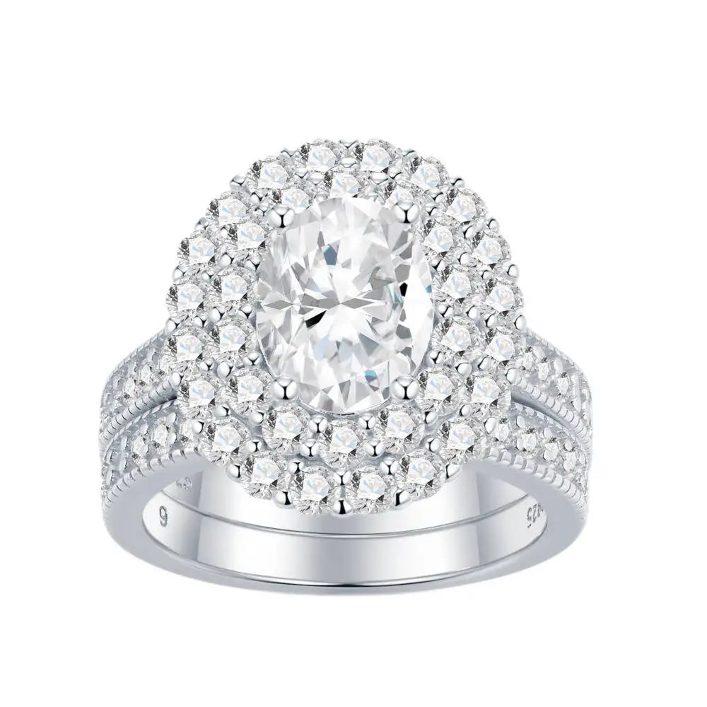 925 Silver Oval Cut Double Halo Pave Stackable Ring Set D VVS1 Moissanite Multi Tone Luxury Wedding Engagement Jewelry For Women