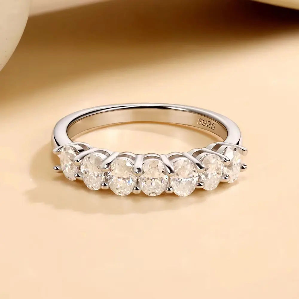LinkerLove 7 Stones Oval Cut Moissanite Half Eternity Ring for Women S925 Sterling Silver Wedding Ring Anniversary Jewelry Gift