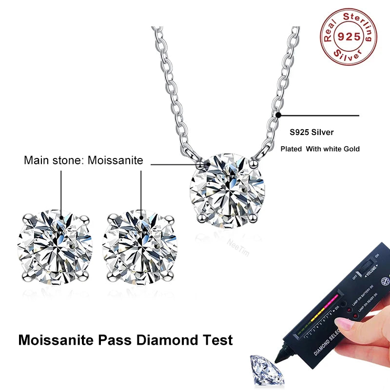 NeeTim 1ct 2ct 3ct 5ct Moissanite Jewelry Sets for Women 925 Silver with White Gold Plated Necklace Chain Stud Earrings Sets