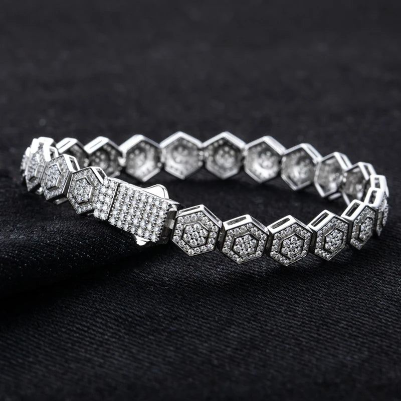 MossanRappr Moissanite Hexagon Bracelet 925 Sterling Silver Iced out Bracelet for Men Women Party Jewelry Fashion Accessory