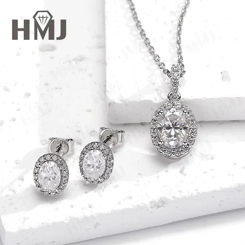 100% 925 Sterling Silver Plated 18K White Gold Moissanite Oval Cut Earring Necklace Jewelry Set  For Women Fine Anniversary Gift