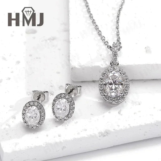 100% 925 Sterling Silver Plated 18K White Gold Moissanite Oval Cut Earring Necklace Jewelry Set  For Women Fine Anniversary Gift