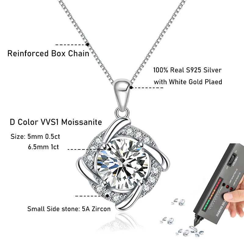 Tezzc Moissanite Necklace for Women 925 Sterling Silver Plated 18k White Gold Pendant Wedding Party Jewelry with Certificates