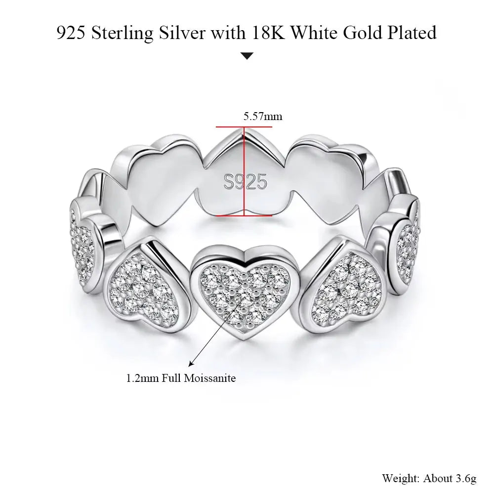 Pretty Beauty Moissanite Heart Eternity Ring S925 Silver Sparkling Diamond Wedding Band for Women Anniversary Fine Jewelry Gift