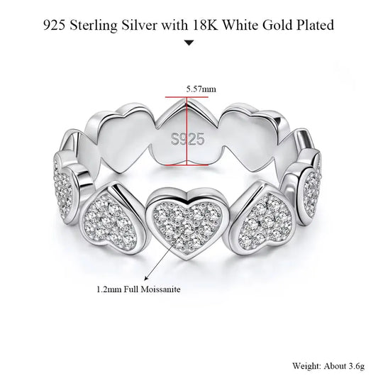 Pretty Beauty Moissanite Heart Eternity Ring S925 Silver Sparkling Diamond Wedding Band for Women Anniversary Fine Jewelry Gift