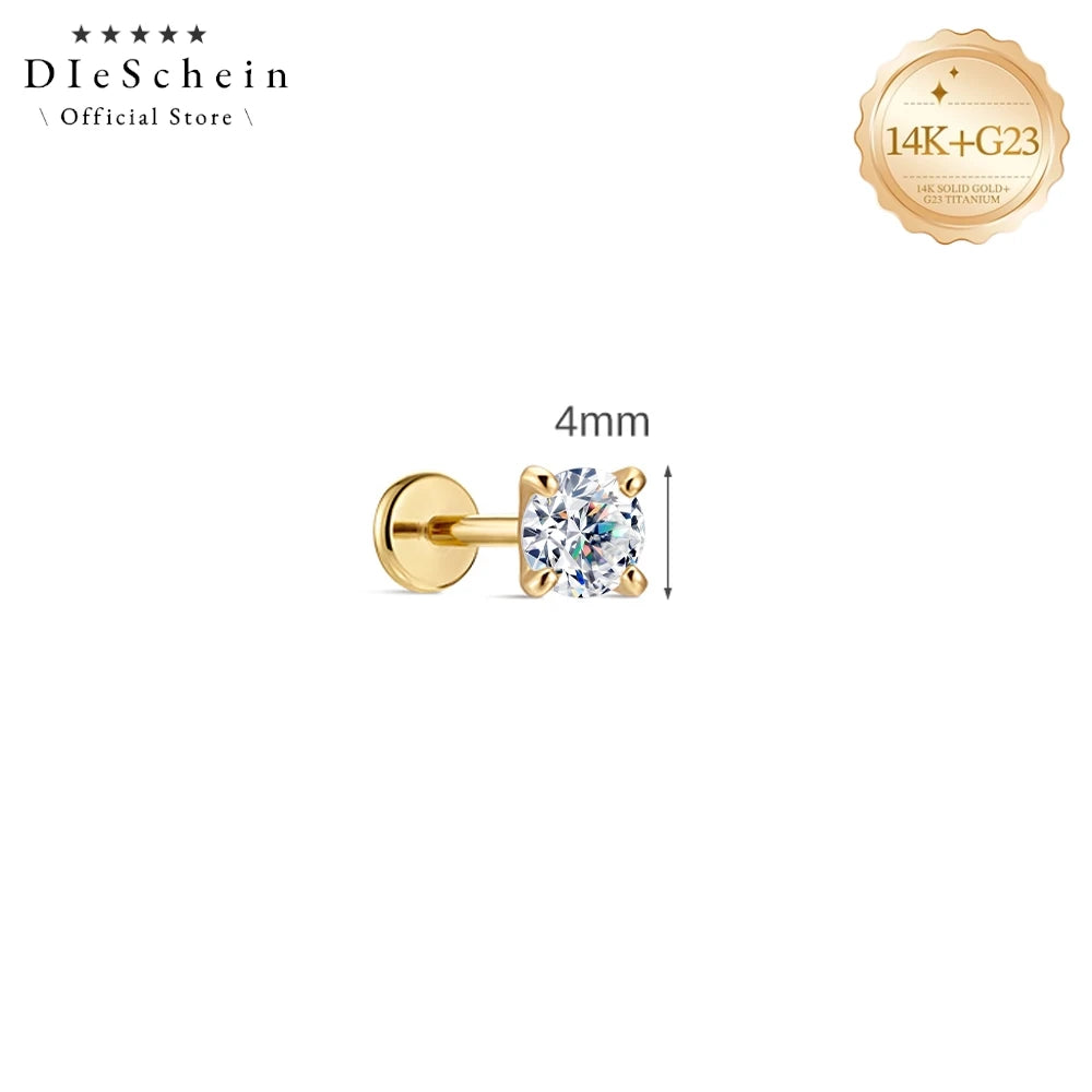 DIeSchein Genuine 14k Solid Gold Flat Back Moissanite Stud Earrings Minimalist Tragus Piercing Cartilage 14k Earring for Women
