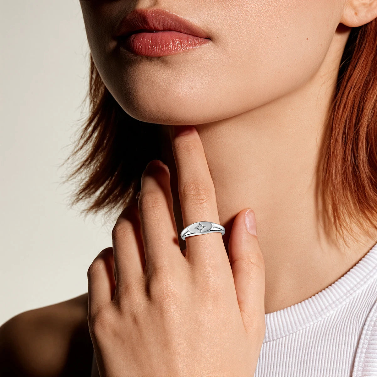 925 Sterling Silver Signet Ring Brilliant Moissanite Eight Pointed North Star Finger Ring Minimalist Promise Statement Jewelry