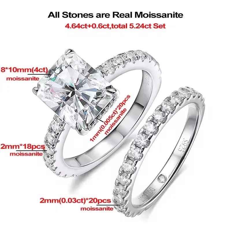 BXINY Full Moissanite Ring Sets 100% S925 Silver for Women Emerald/Radiant Cut Diamond Wedding Bands Gifts Fine Jewelry With GRA