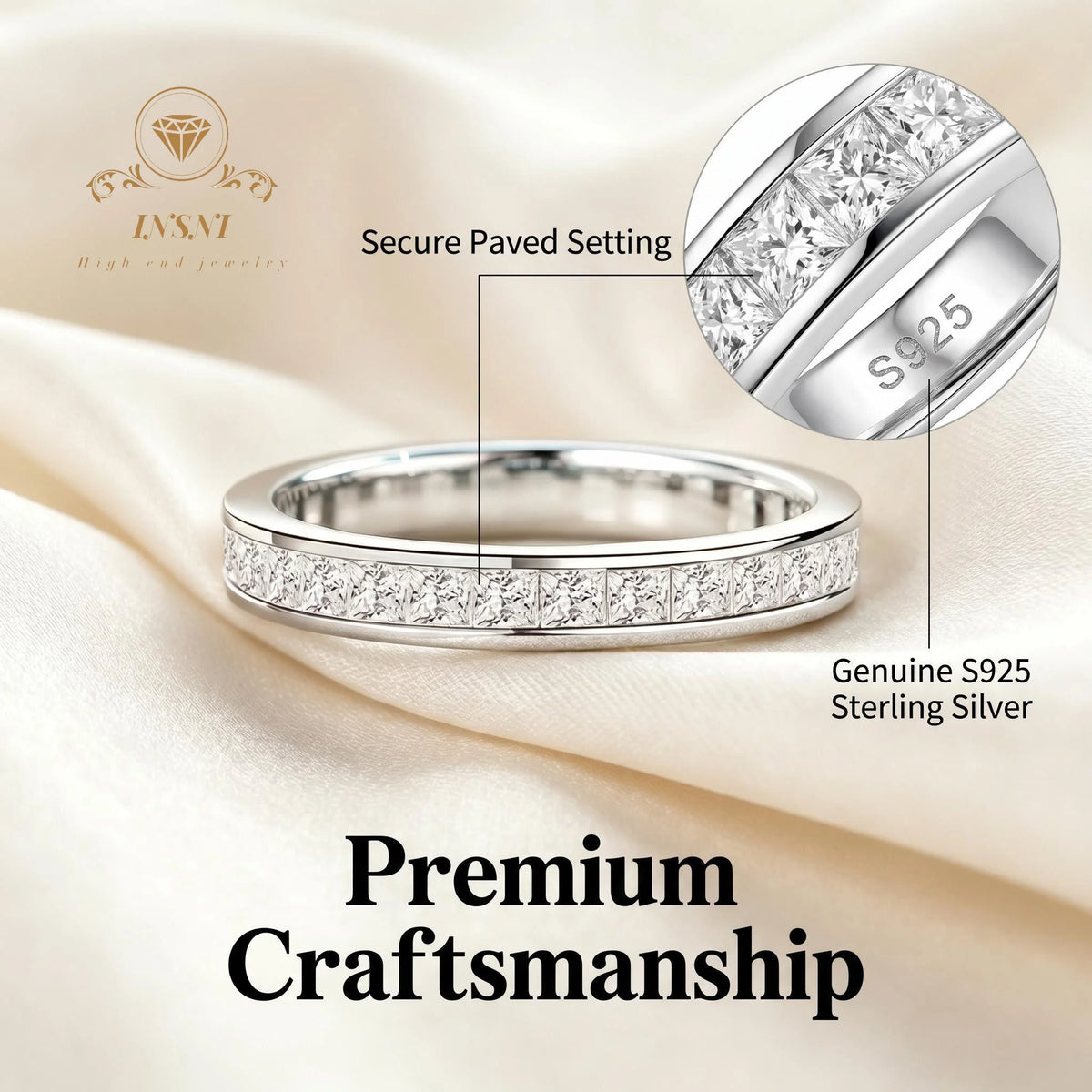S925 Sterling Silver Full Moissanite Square Eternity Band Ring Affordable Light Luxury Jewelry Unisex style is non-allergenic