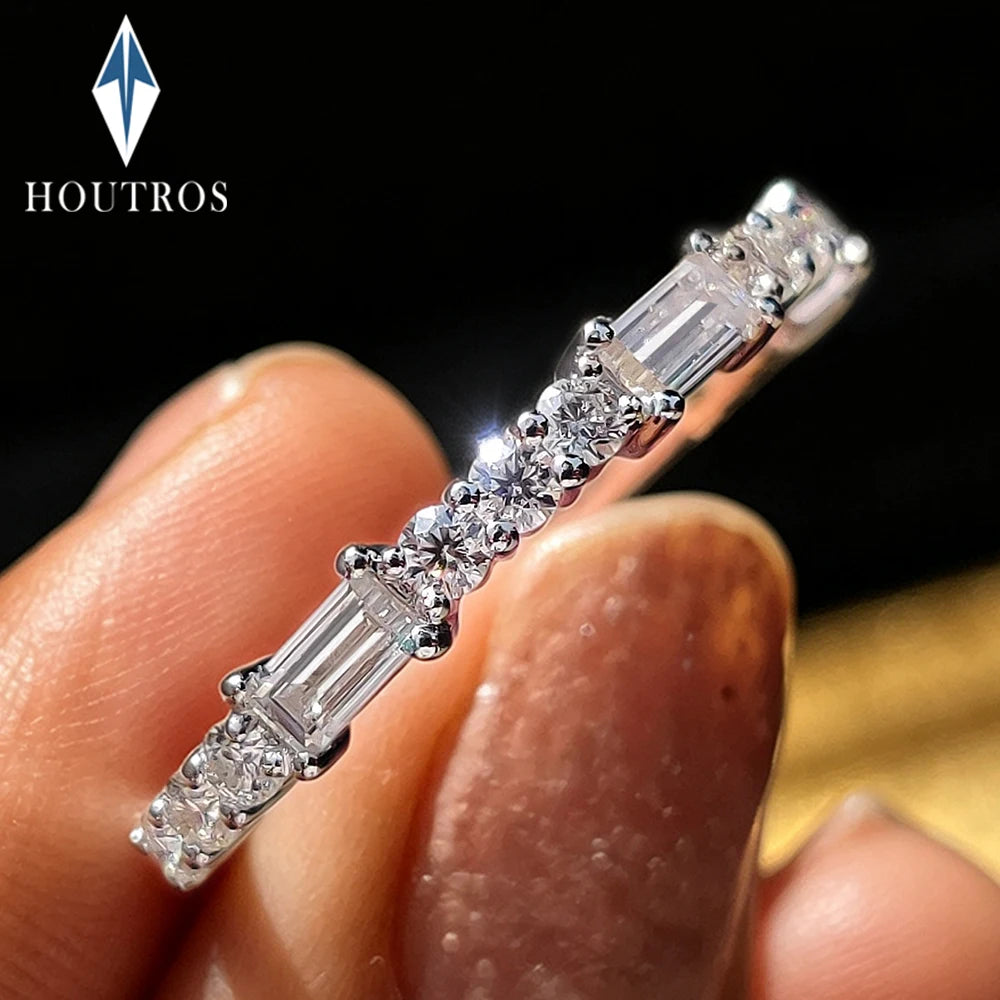 Round Baguette Cut Moissanite Wedding Bands for Women 925 Sterling Silver Full Eternity Matching Stackable Bridal Ring Jewelry