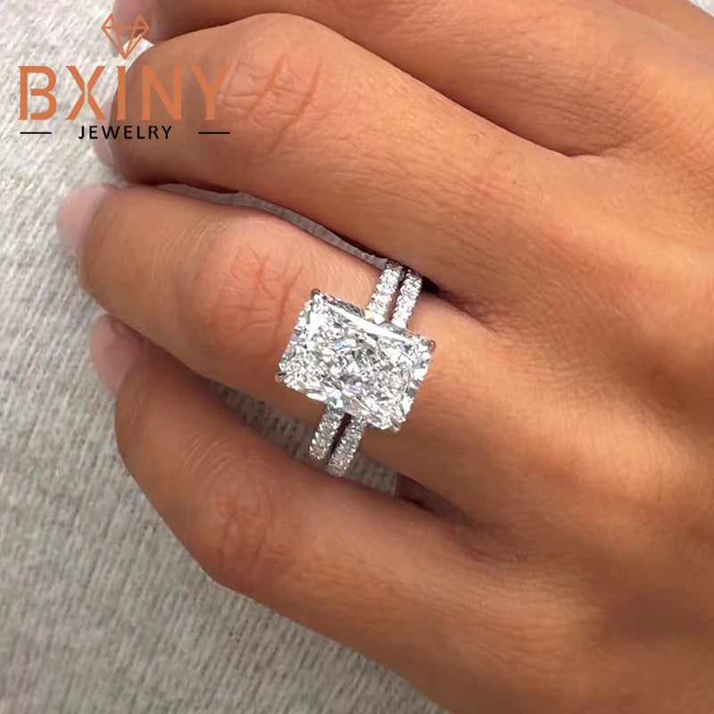 BXINY Full Moissanite Ring Sets 100% S925 Silver for Women Emerald/Radiant Cut Diamond Wedding Bands Gifts Fine Jewelry With GRA