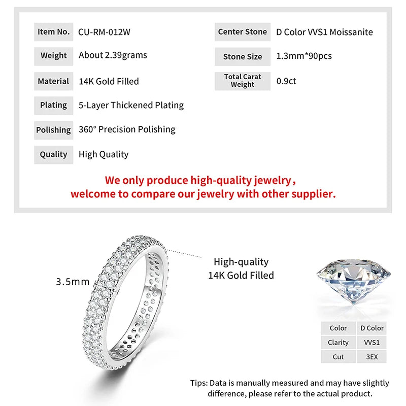 Ehhai Lab Created Diamond Moissanite Full Eternity Band Engagement Ring for Women Men 14K Gold Filled Wedding Fine Jewelry Gifts
