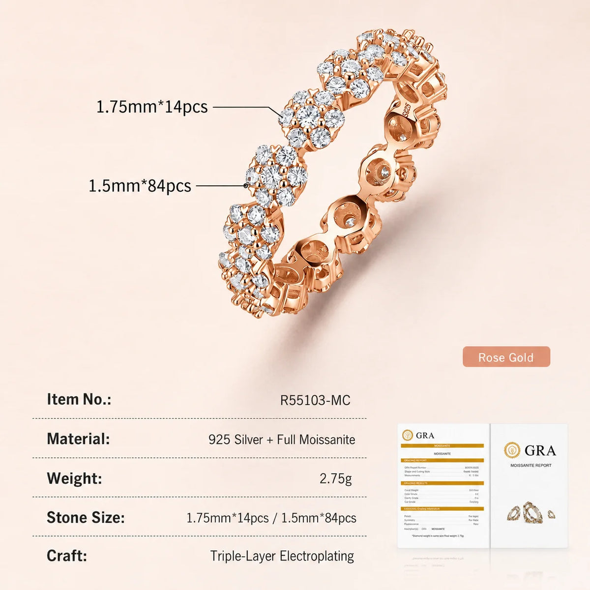 Flower Cluster Moissanite Eternity Band Ring Pave Stackable S925 Silver D Color VVS1 GRA Certified Gift for Women