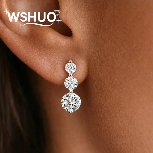 3-Stone Size Gradient All Moissanite Stud Earrings for Women S925 Silver D Color VVS1 Diamond Drop Earring With GRA Certificate