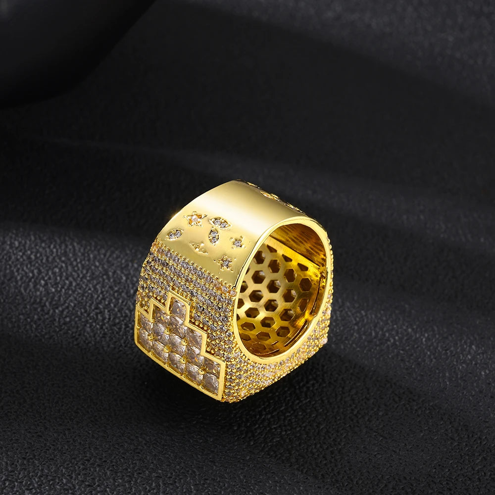 NUOYA Brass Moissanite Heavy Square Signet Ring 18K Gold Plated Micro Pave Pass Diamond Tester Hip Hop Jewelry Gift for Men