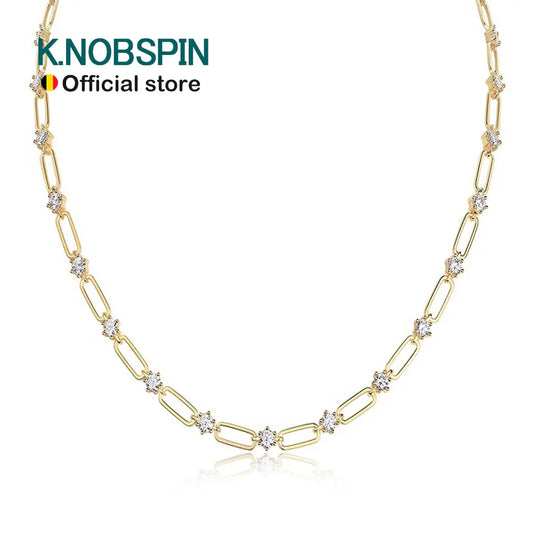 KNOBSPIN D VVS1 Moissanite Tennis Necklace s925 Sterling Silver Plated 18k Yellow Gold GRA Certified 18inch Necklaces for Women