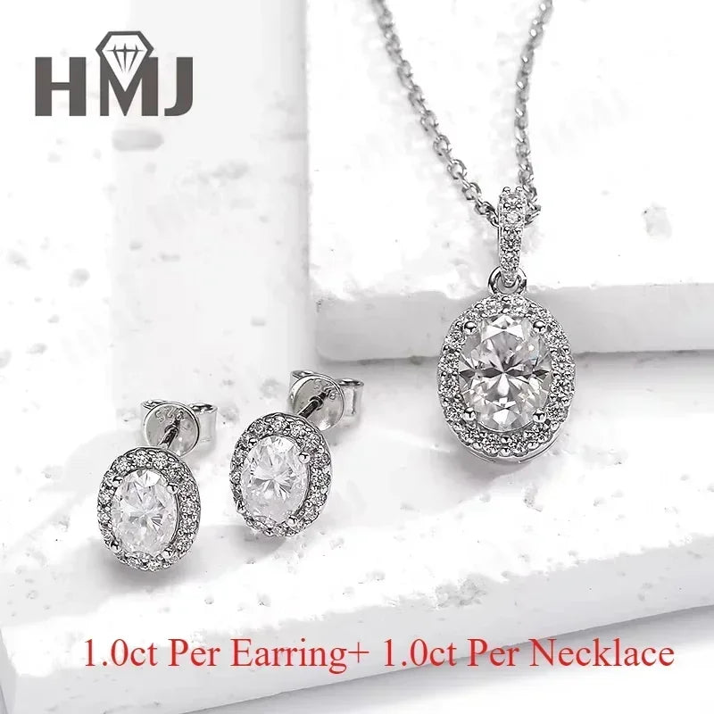 100% 925 Sterling Silver Plated 18K White Gold Moissanite Oval Cut Earring Necklace Jewelry Set  For Women Fine Anniversary Gift