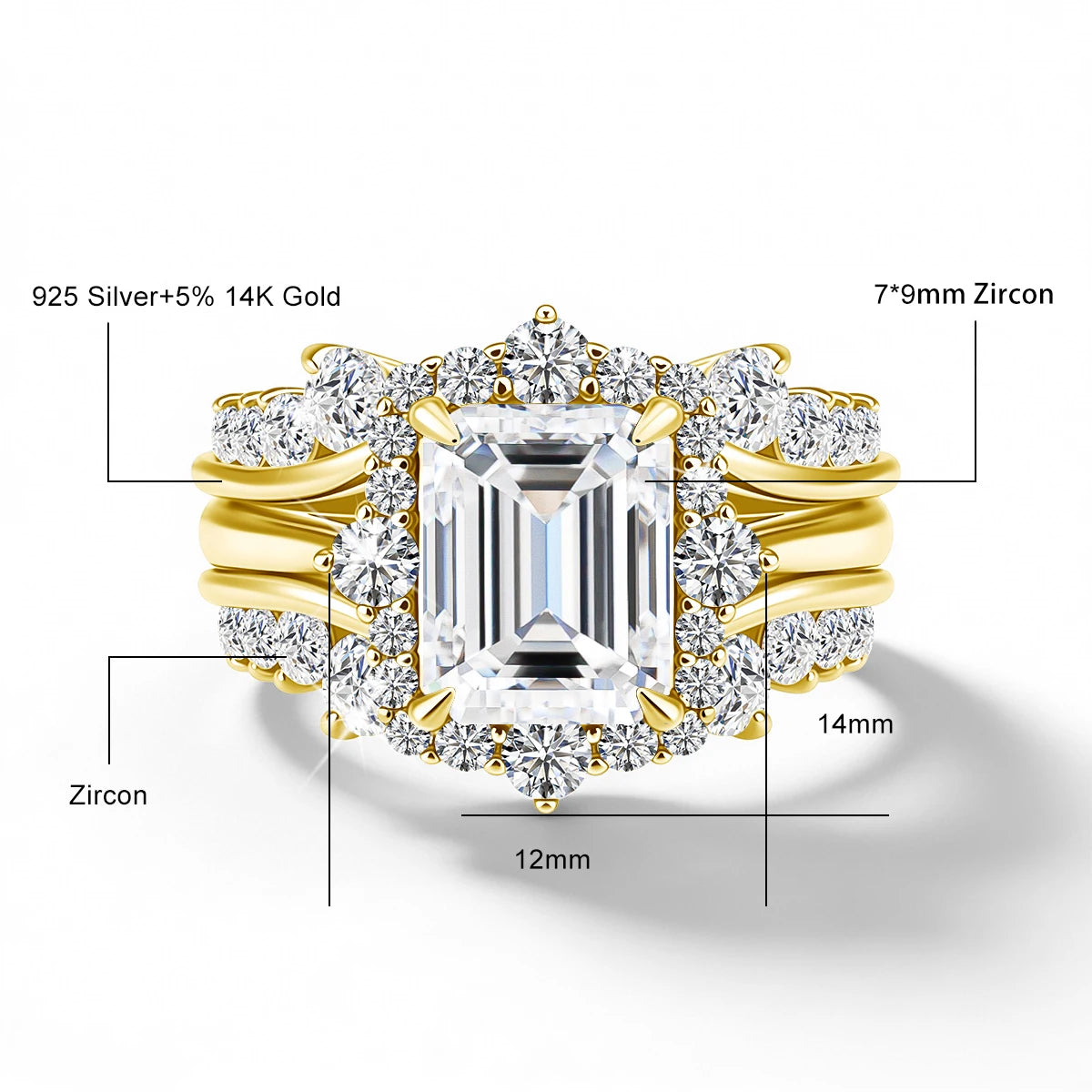 Solid 14K Gold Filled 3CT Emerald Cut Moissanite Stackable Ring Set Au585 Luxury Engagement Ring for Women Bridal Gift Jewelry