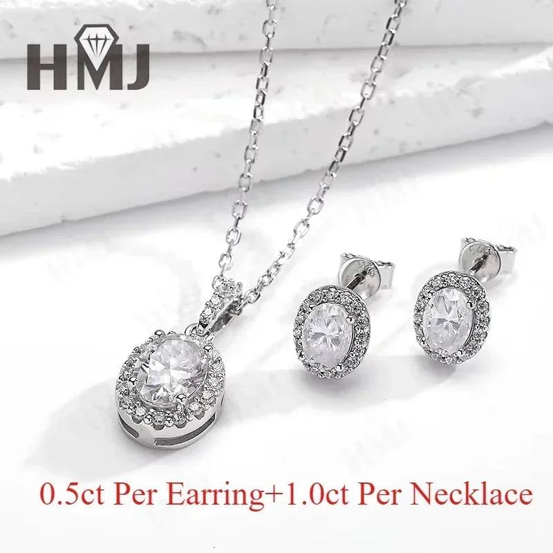 100% 925 Sterling Silver Plated 18K White Gold Moissanite Oval Cut Earring Necklace Jewelry Set  For Women Fine Anniversary Gift
